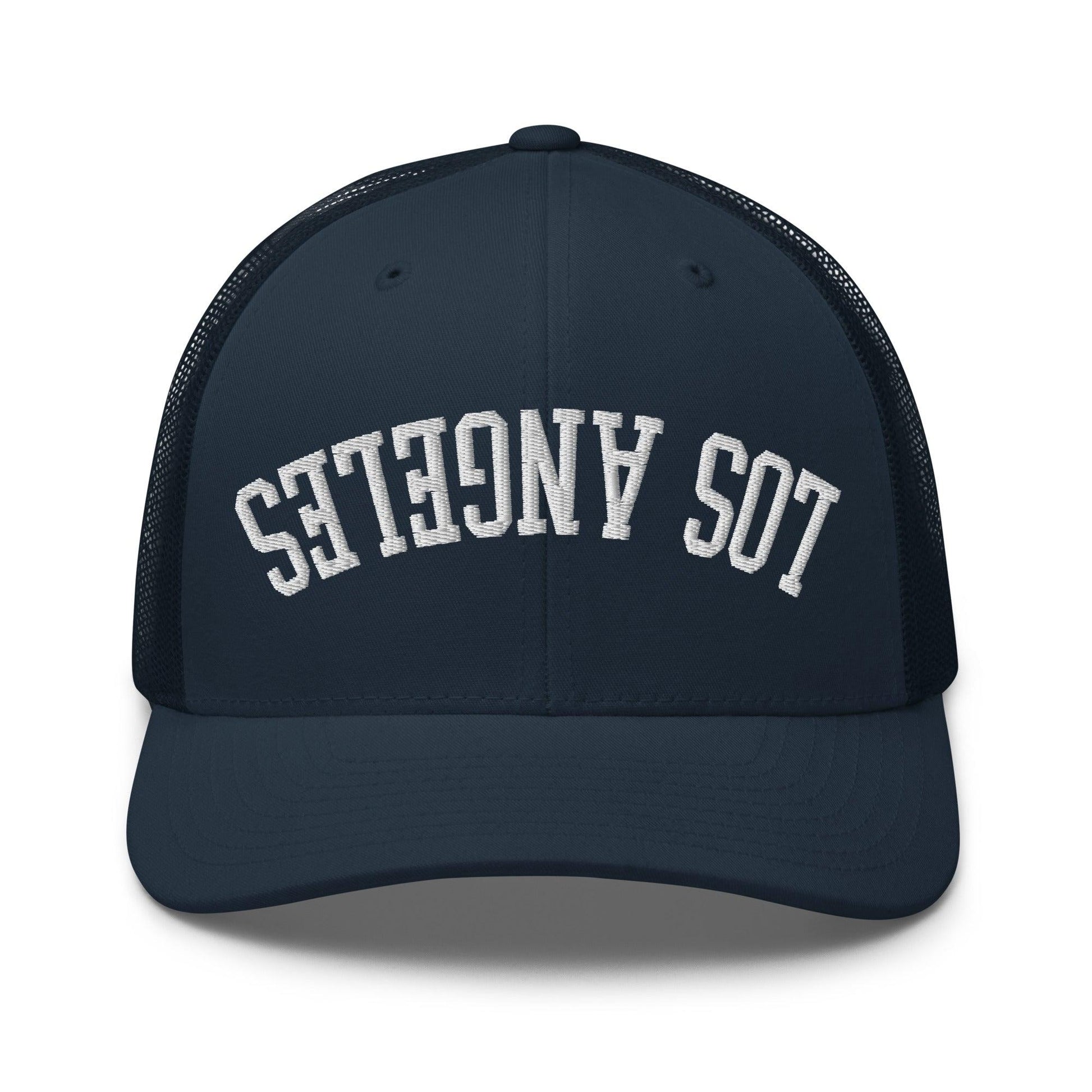 Upside Down LA Los Angeles Varsity Letterman Embroidered Mesh Trucker Hat - Navy