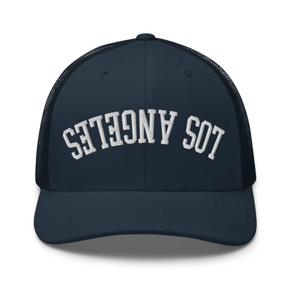 Upside Down LA Los Angeles Varsity Letterman Embroidered Mesh Trucker Hat - Navy