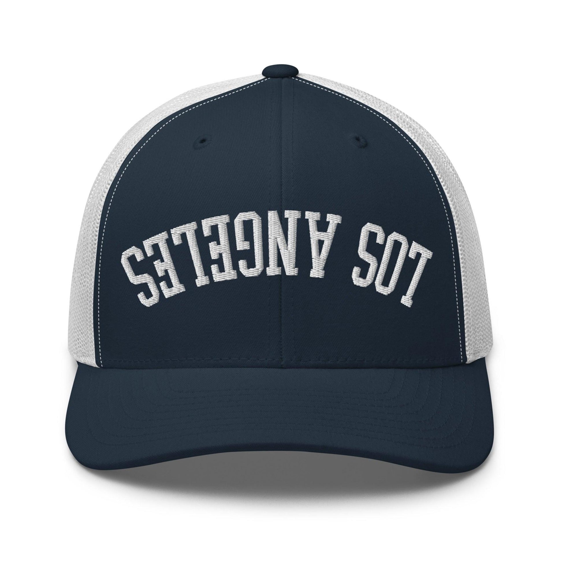 Upside Down LA Los Angeles Varsity Letterman Embroidered Mesh Trucker Hat - Navy/ White