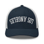 Upside Down LA Los Angeles Varsity Letterman Embroidered Mesh Trucker Hat - Navy/ White