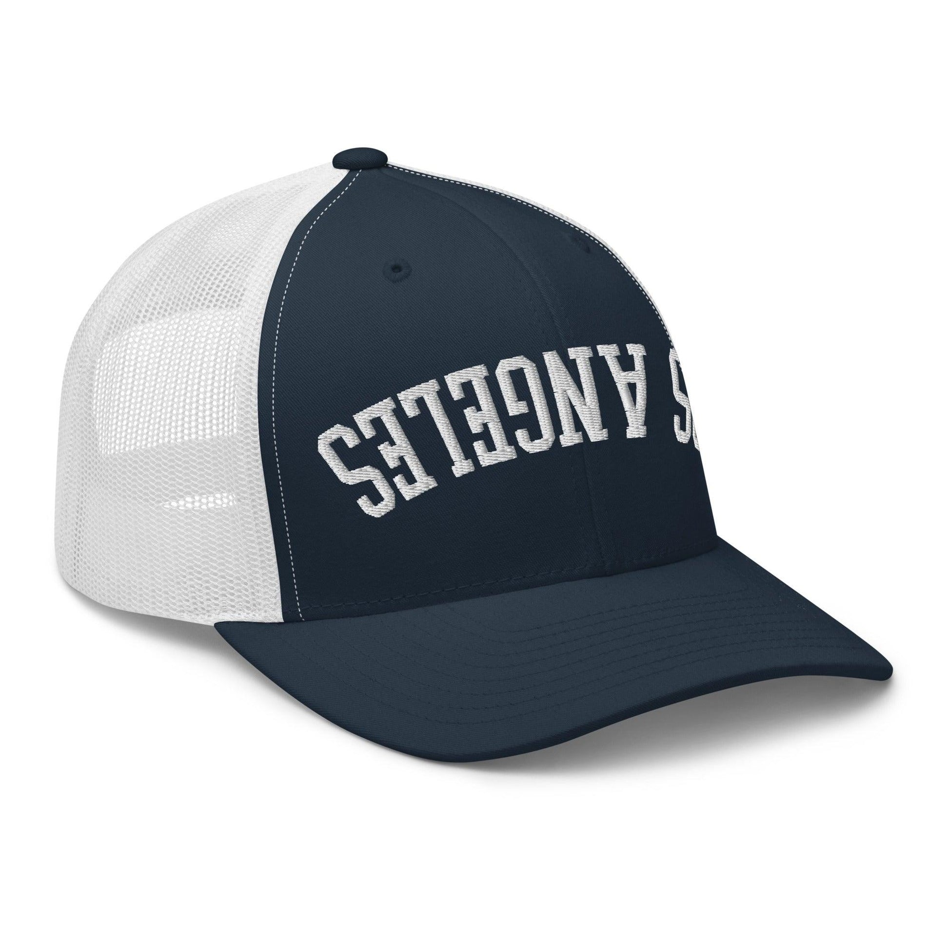 Upside Down LA Los Angeles Varsity Letterman Embroidered Mesh Trucker Hat