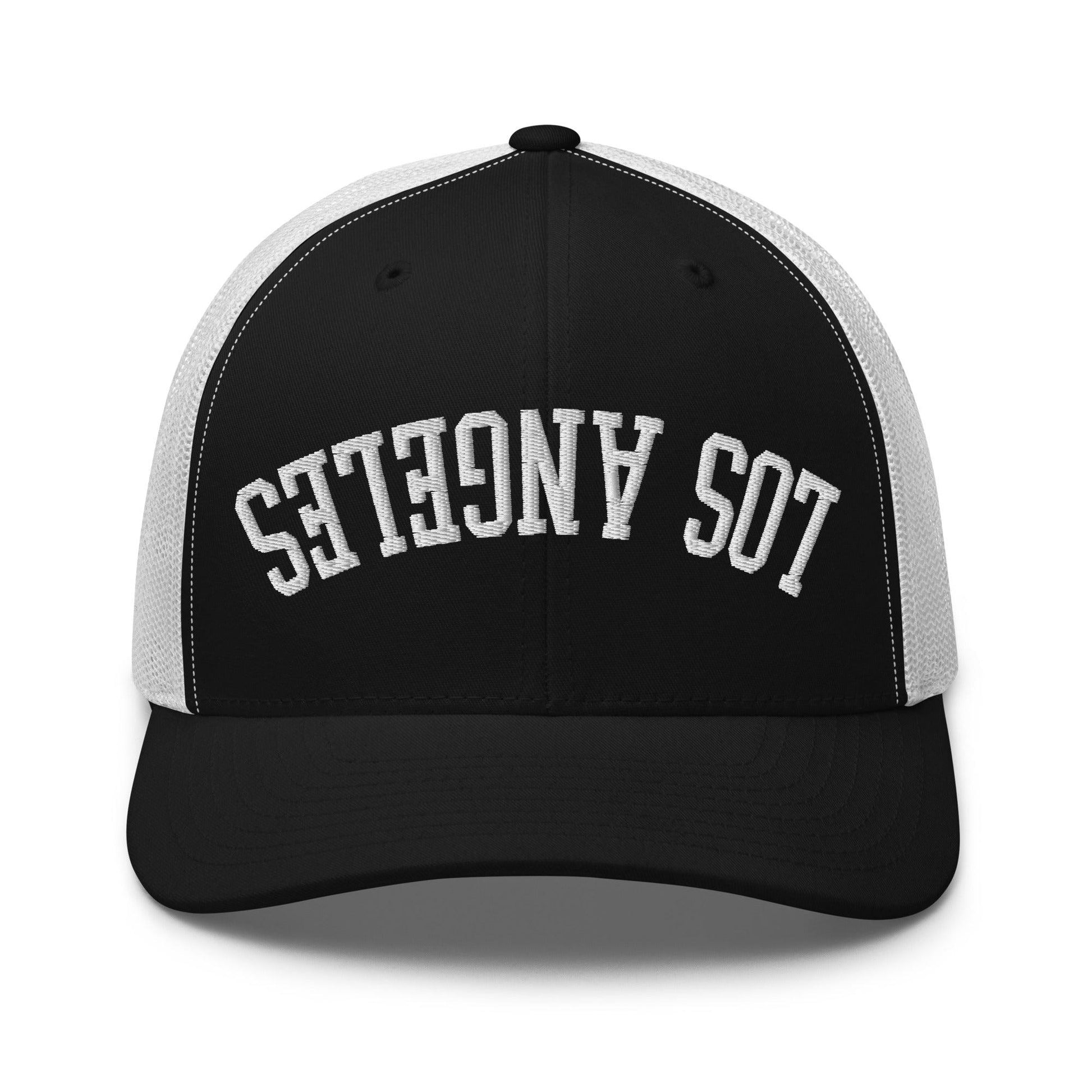Upside Down LA Los Angeles Varsity Letterman Embroidered Mesh Trucker Hat - Black/ White