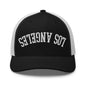 Upside Down LA Los Angeles Varsity Letterman Embroidered Mesh Trucker Hat - Black/ White