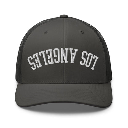 Upside Down LA Los Angeles Varsity Letterman Embroidered Mesh Trucker Hat - Charcoal