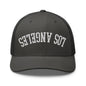Upside Down LA Los Angeles Varsity Letterman Embroidered Mesh Trucker Hat - Charcoal