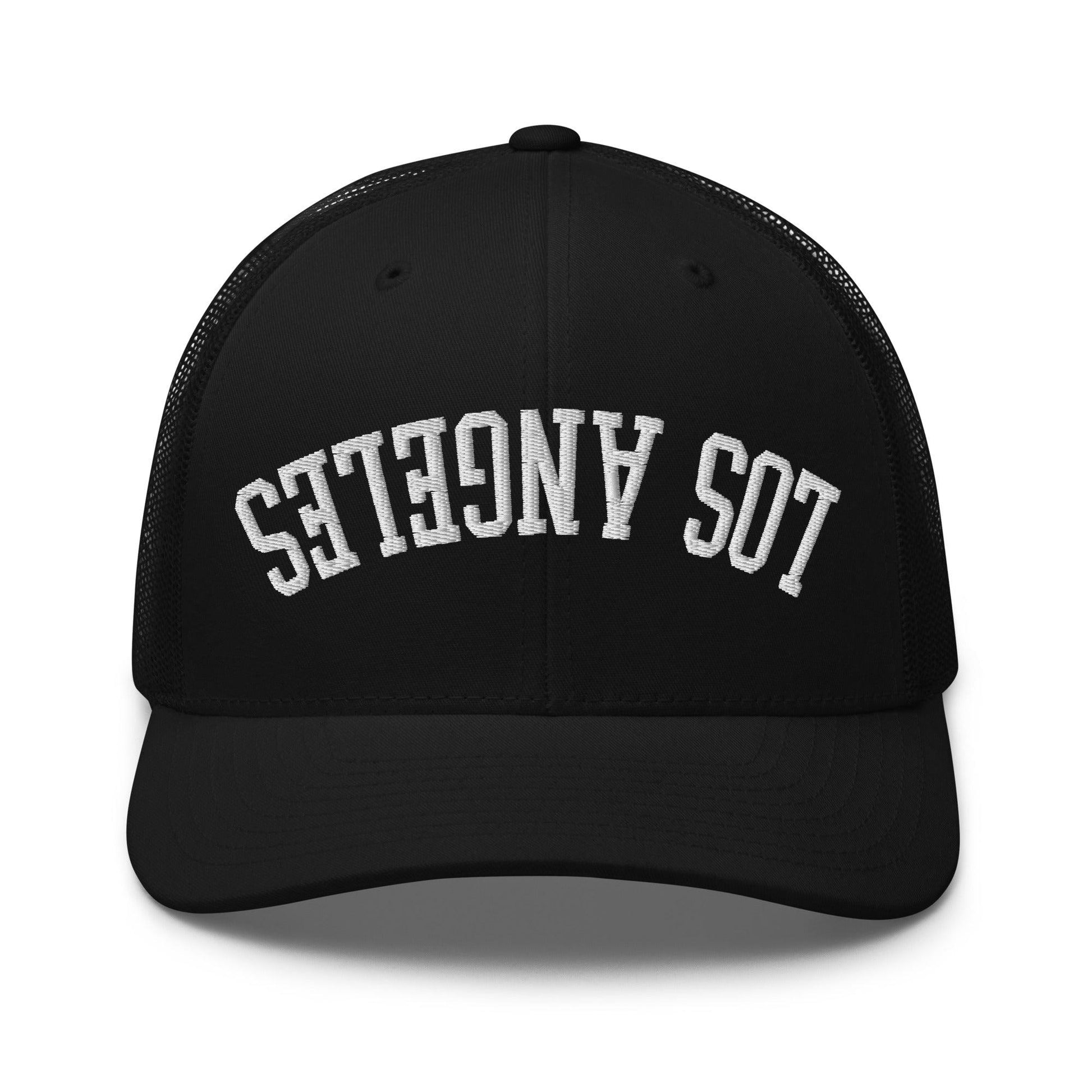 Upside Down LA Los Angeles Varsity Letterman Embroidered Mesh Trucker Hat - Black