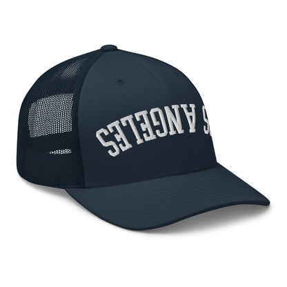 Upside Down LA Los Angeles Varsity Letterman Embroidered Mesh Trucker Hat