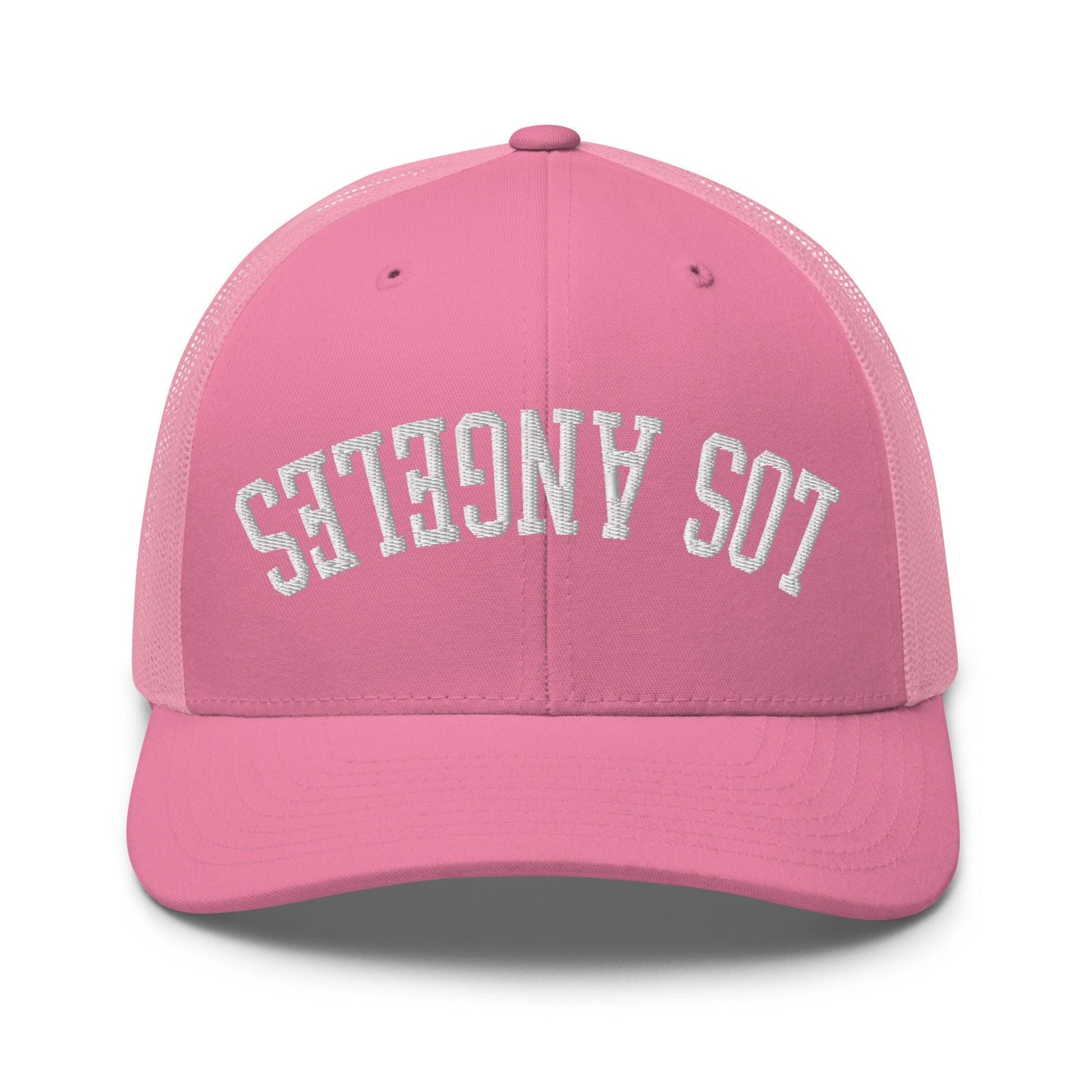 Upside Down LA Los Angeles Varsity Letterman Embroidered Mesh Trucker Hat - Pink