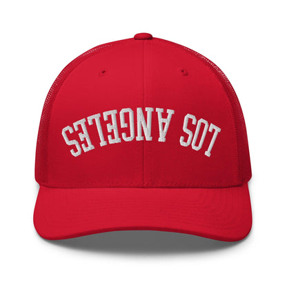 Upside Down LA Los Angeles Varsity Letterman Embroidered Mesh Trucker Hat - Red