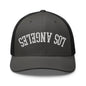 Upside Down LA Los Angeles Varsity Letterman Embroidered Mesh Trucker Hat - Charcoal/ Black