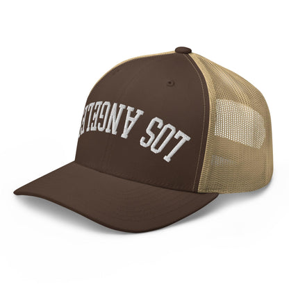 Upside Down LA Los Angeles Varsity Letterman Embroidered Mesh Trucker Hat