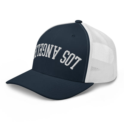 Upside Down LA Los Angeles Varsity Letterman Embroidered Mesh Trucker Hat