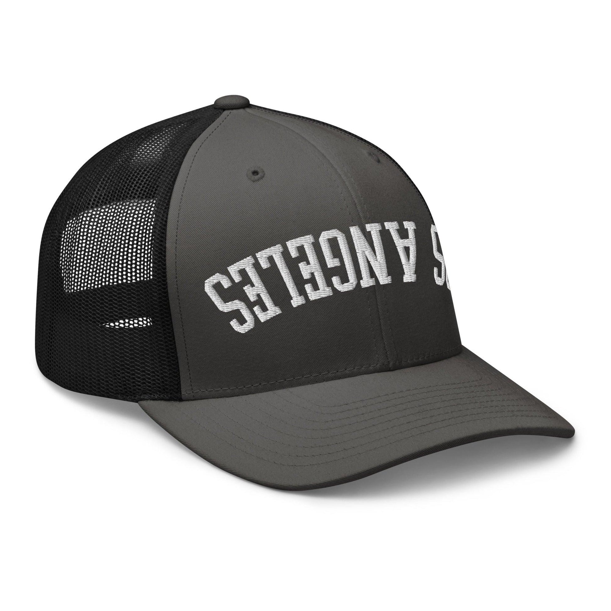 Upside Down LA Los Angeles Varsity Letterman Embroidered Mesh Trucker Hat