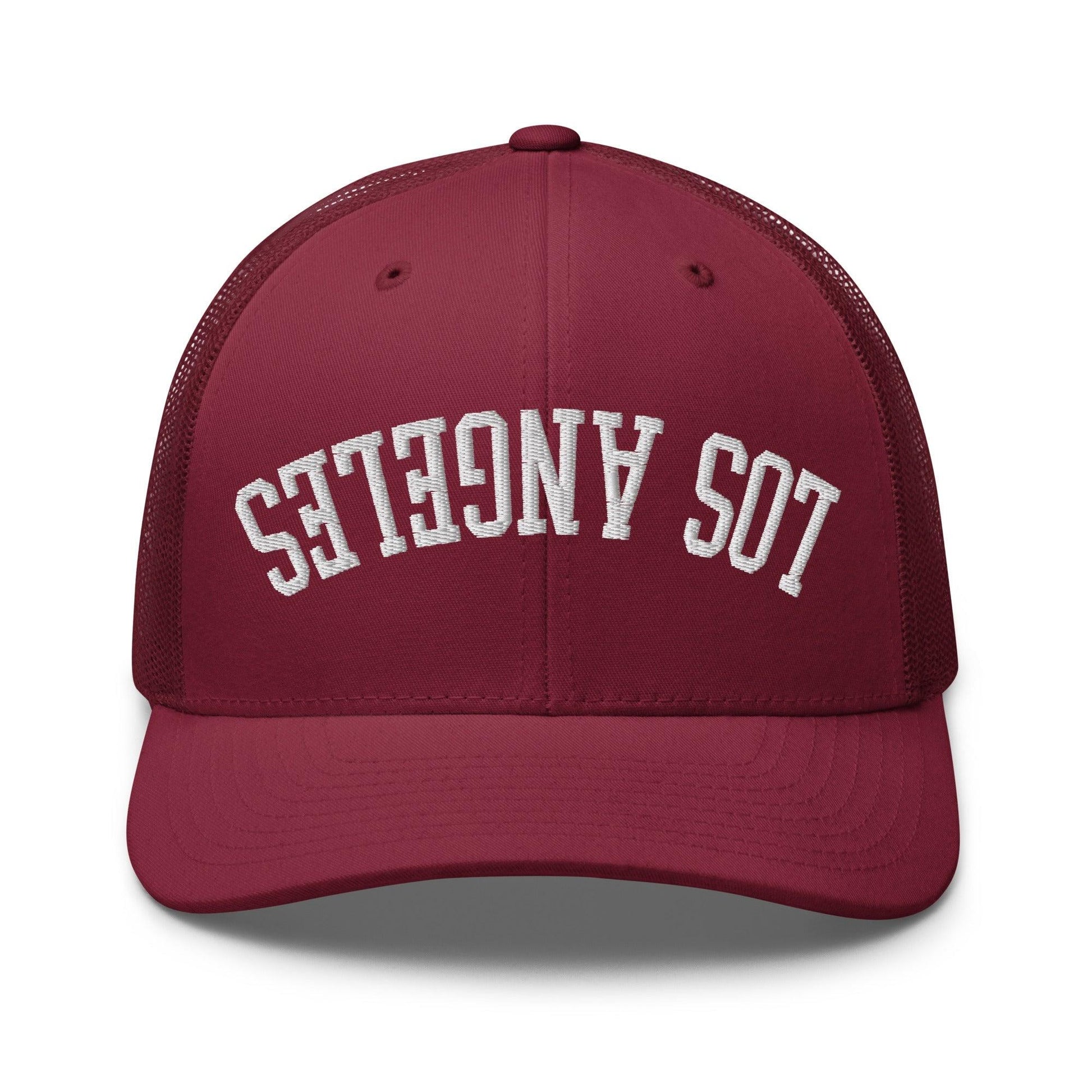 Upside Down LA Los Angeles Varsity Letterman Embroidered Mesh Trucker Hat - Cranberry