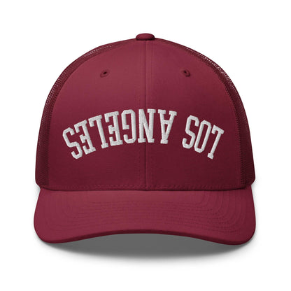 Upside Down LA Los Angeles Varsity Letterman Embroidered Mesh Trucker Hat - Cranberry