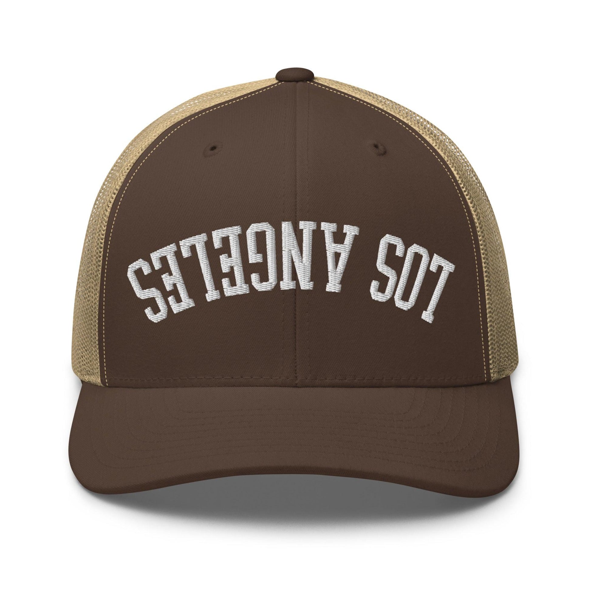 Upside Down LA Los Angeles Varsity Letterman Embroidered Mesh Trucker Hat - Brown/ Khaki