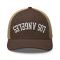 Upside Down LA Los Angeles Varsity Letterman Embroidered Mesh Trucker Hat - Brown/ Khaki
