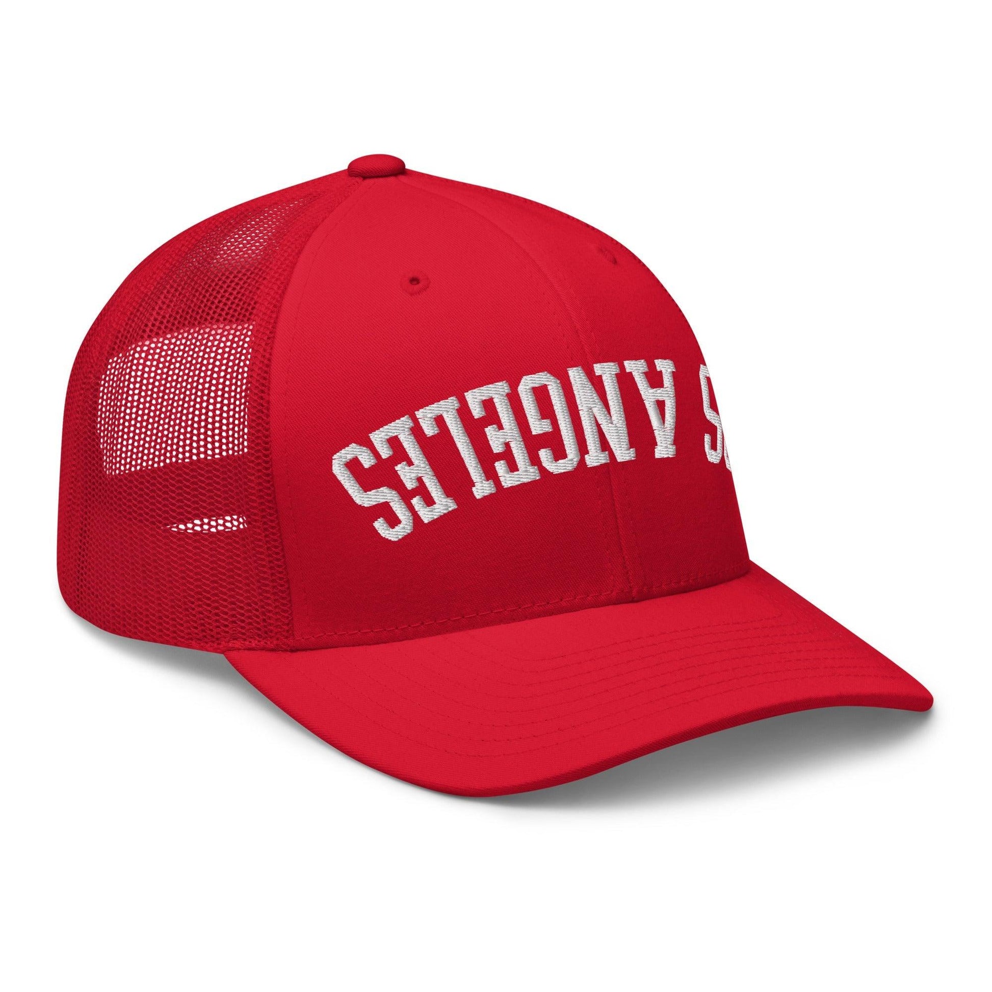 Upside Down LA Los Angeles Varsity Letterman Embroidered Mesh Trucker Hat