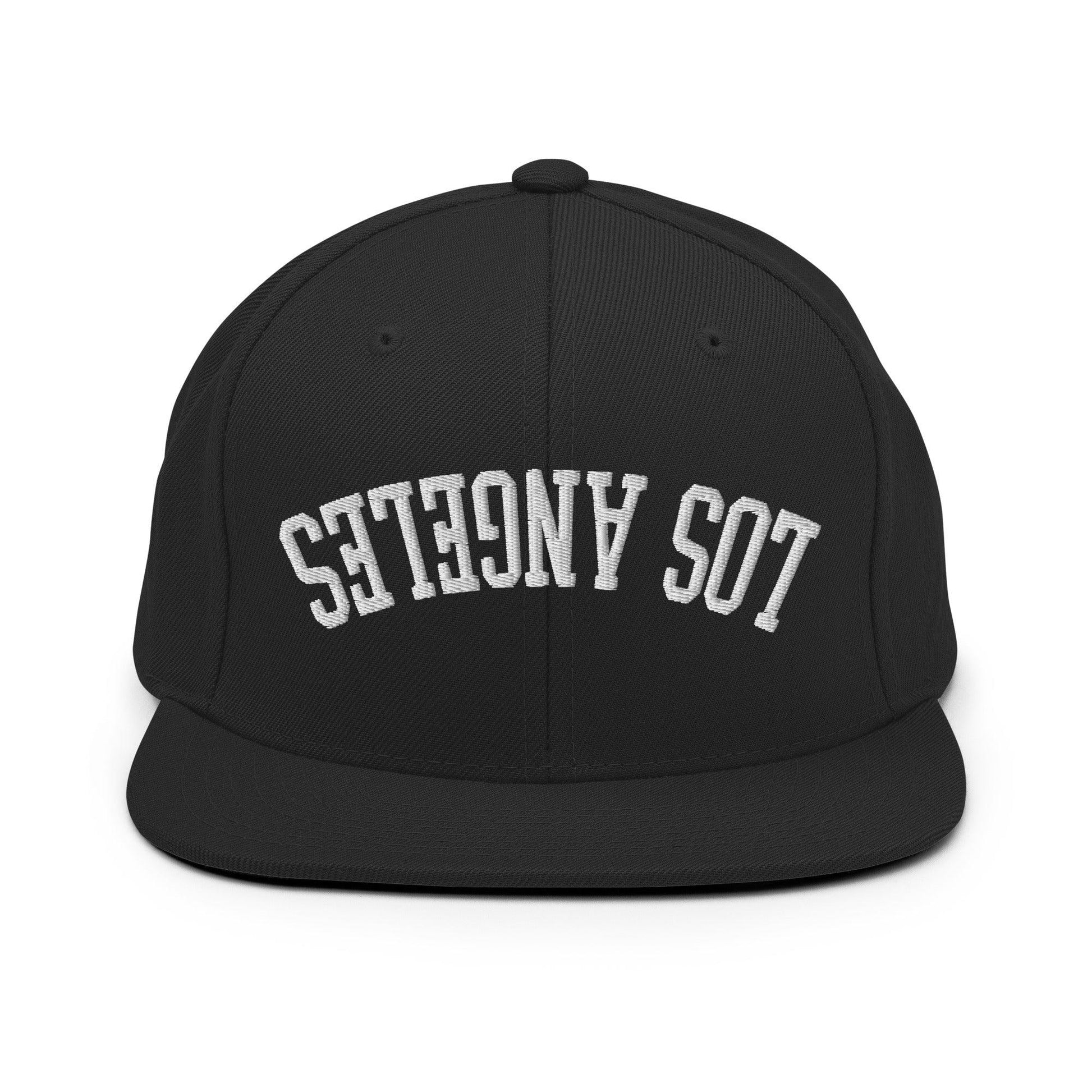 Upside Down LA Los Angeles Varsity Letterman Flat Bill Brim Snapback Hat - Black