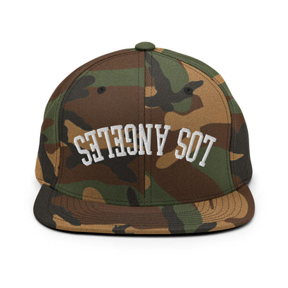 Upside Down LA Los Angeles Varsity Letterman Flat Bill Brim Snapback Hat - Green Camo