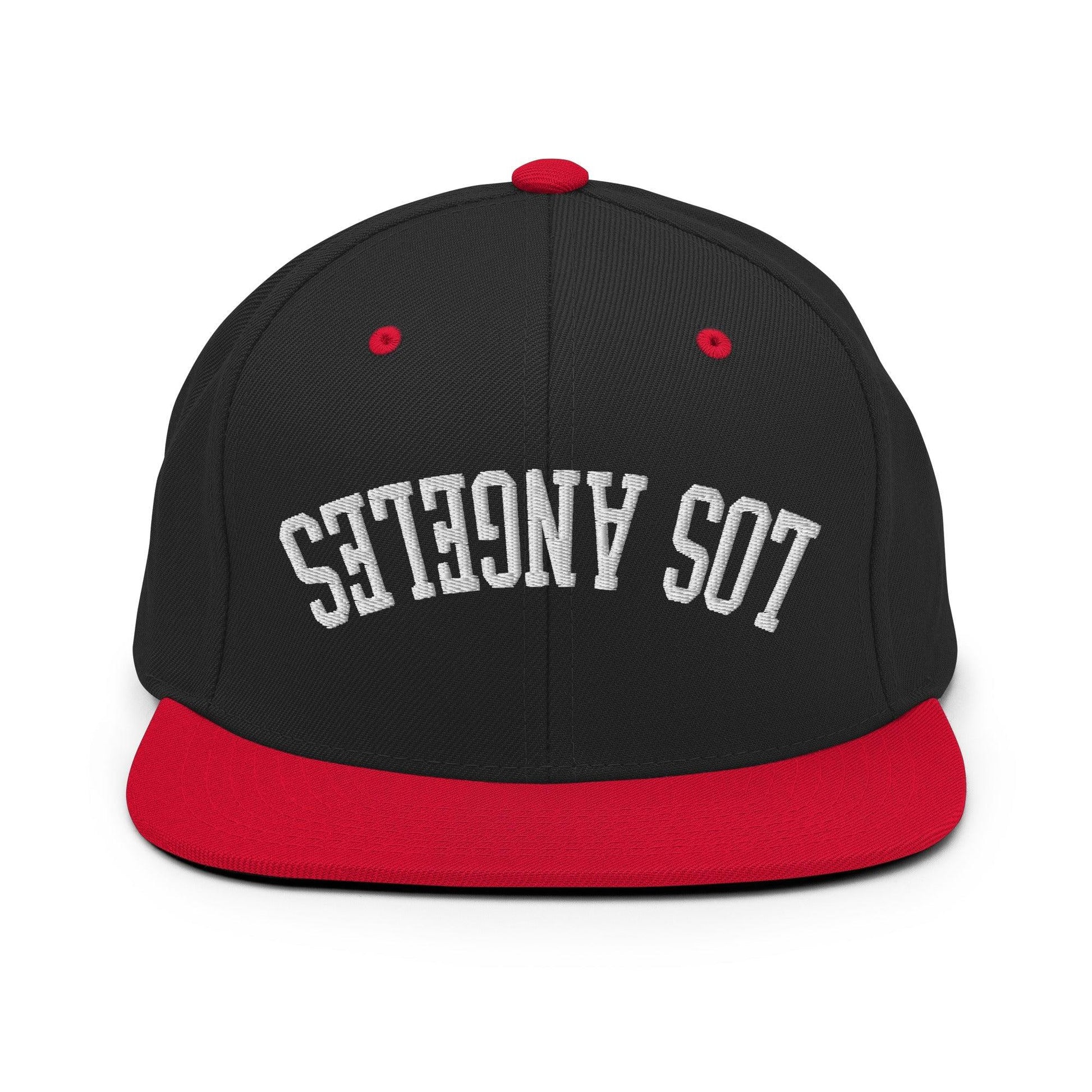 Upside Down LA Los Angeles Varsity Letterman Flat Bill Brim Snapback Hat - Black/ Red