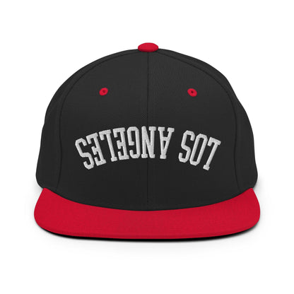 Upside Down LA Los Angeles Varsity Letterman Flat Bill Brim Snapback Hat - Black/ Red
