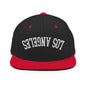 Upside Down LA Los Angeles Varsity Letterman Flat Bill Brim Snapback Hat - Black/ Red