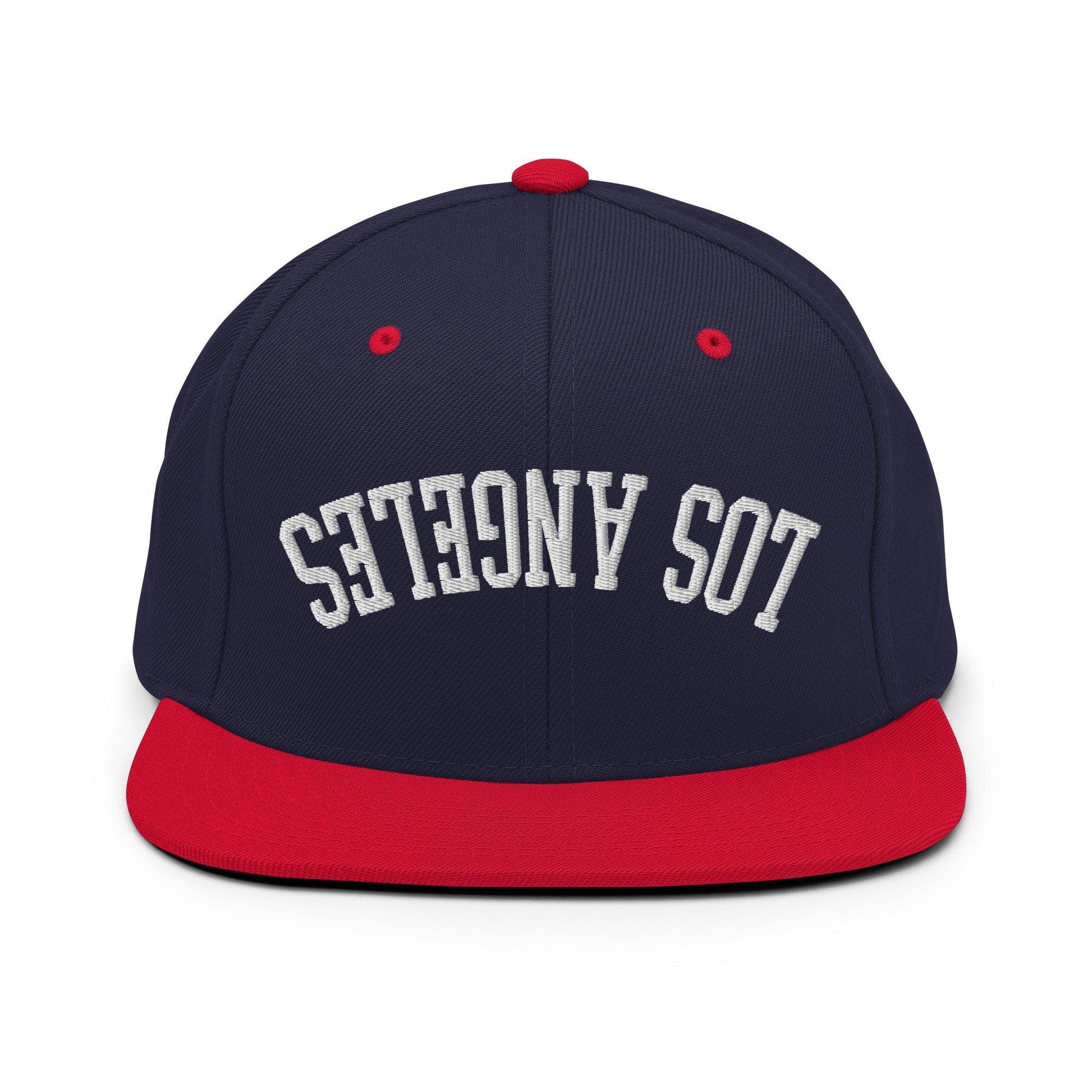 Upside Down LA Los Angeles Varsity Letterman Flat Bill Brim Snapback Hat - Navy/ Red