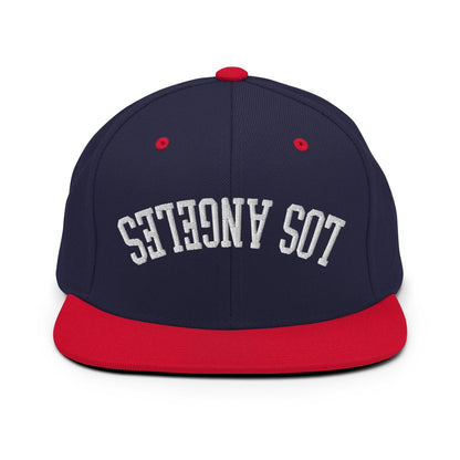 Upside Down LA Los Angeles Varsity Letterman Flat Bill Brim Snapback Hat - Navy/ Red