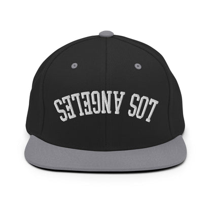 Upside Down LA Los Angeles Varsity Letterman Flat Bill Brim Snapback Hat - Black/ Silver