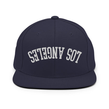 Upside Down LA Los Angeles Varsity Letterman Flat Bill Brim Snapback Hat - Navy