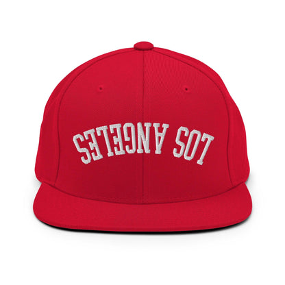 Upside Down LA Los Angeles Varsity Letterman Flat Bill Brim Snapback Hat - Red