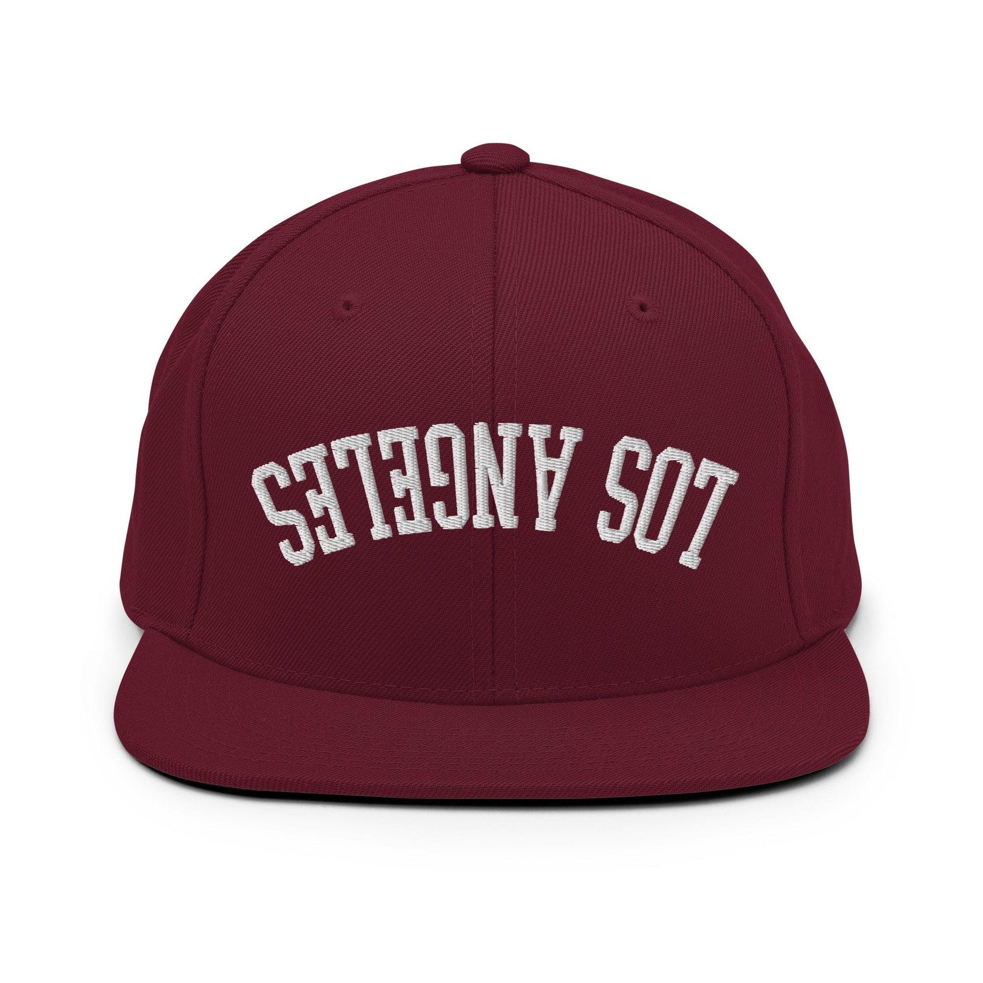 Upside Down LA Los Angeles Varsity Letterman Flat Bill Brim Snapback Hat - Maroon