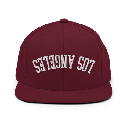 Upside Down LA Los Angeles Varsity Letterman Flat Bill Brim Snapback Hat - Maroon