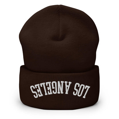 Upside Down Los Angeles LA Embroidered Knit Cuffed Beanie - Brown