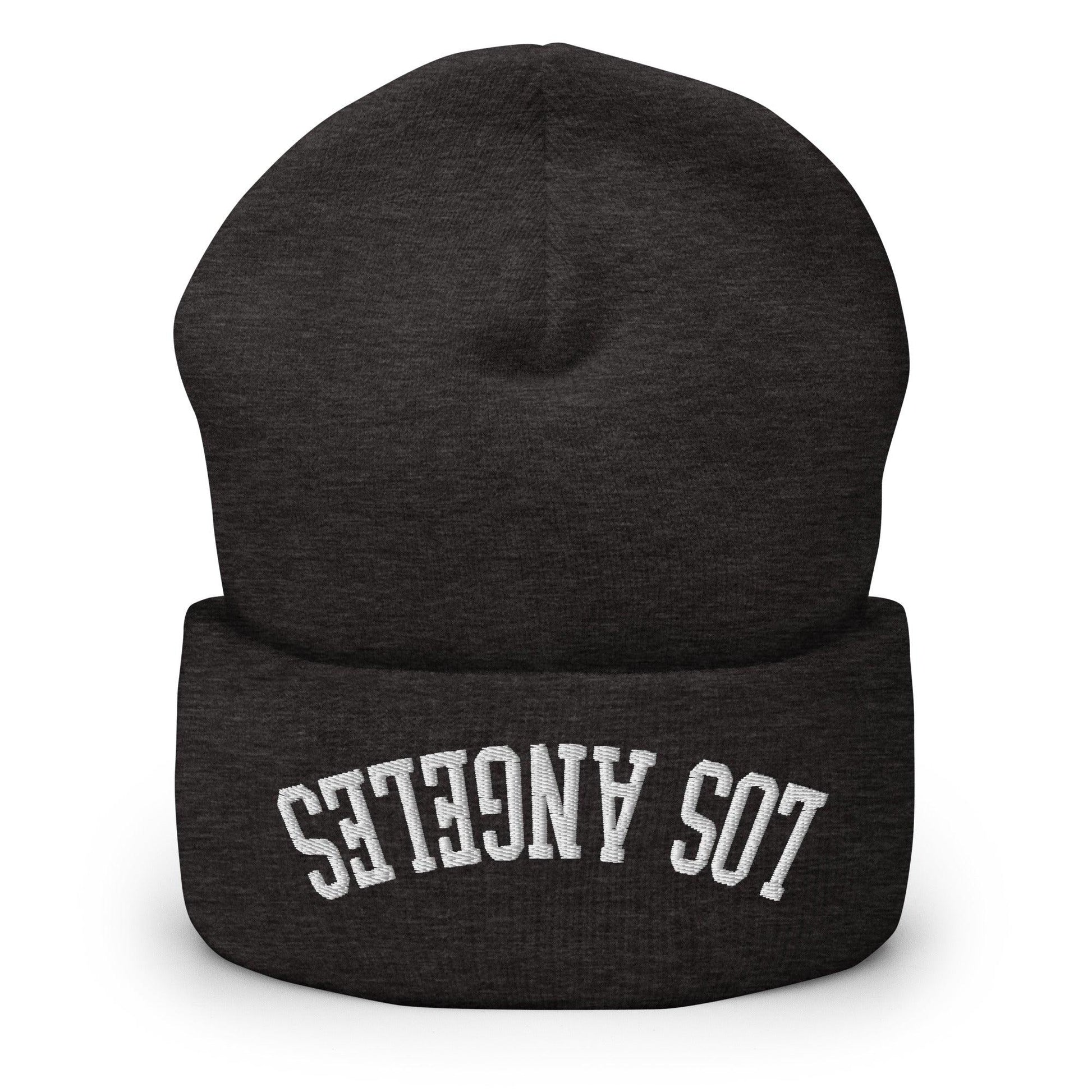 Upside Down Los Angeles LA Embroidered Knit Cuffed Beanie - Dark Grey