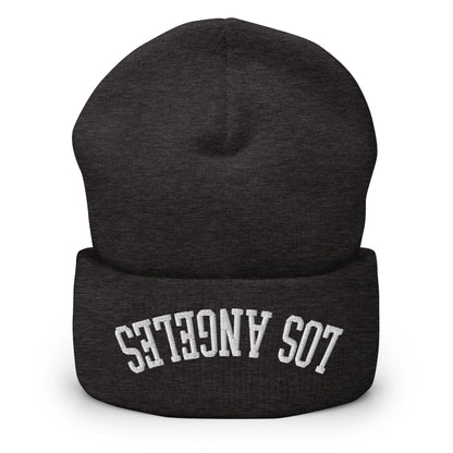 Upside Down Los Angeles LA Embroidered Knit Cuffed Beanie - Dark Grey
