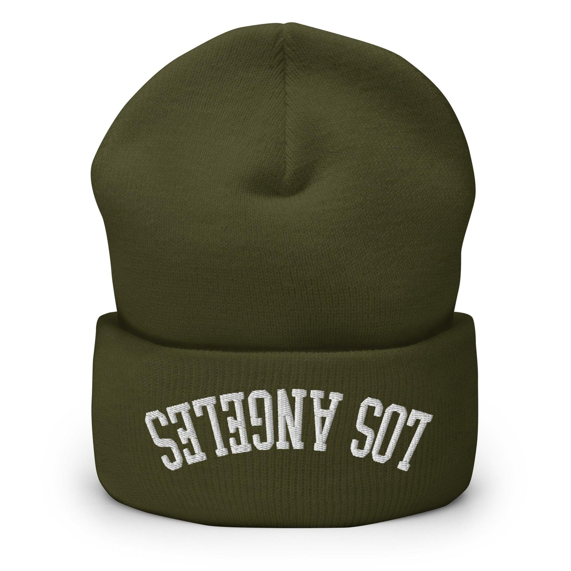 Upside Down Los Angeles LA Embroidered Knit Cuffed Beanie - Olive