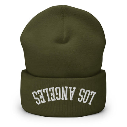 Upside Down Los Angeles LA Embroidered Knit Cuffed Beanie - Olive