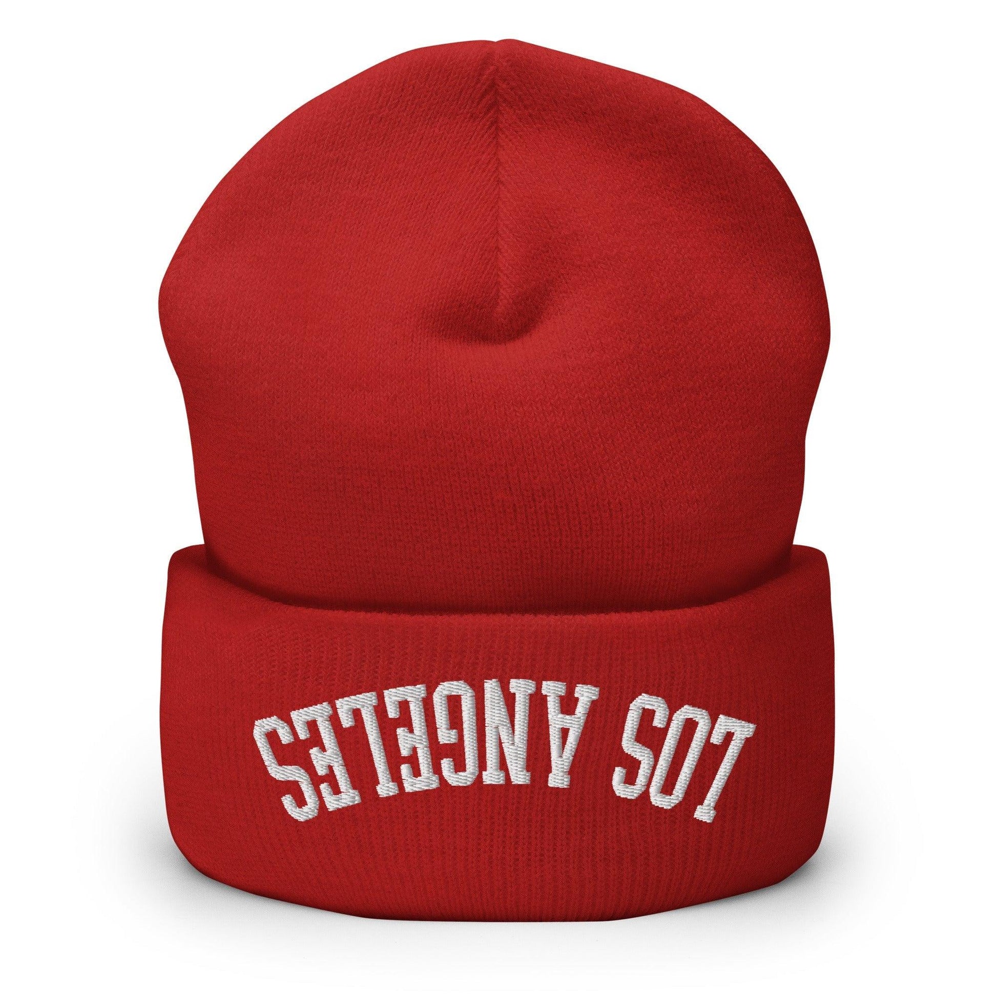 Upside Down Los Angeles LA Embroidered Knit Cuffed Beanie - Red