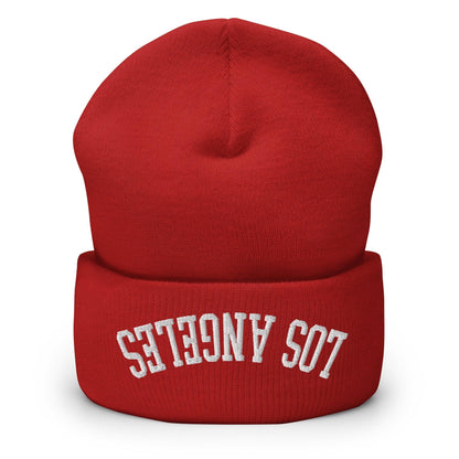 Upside Down Los Angeles LA Embroidered Knit Cuffed Beanie - Red