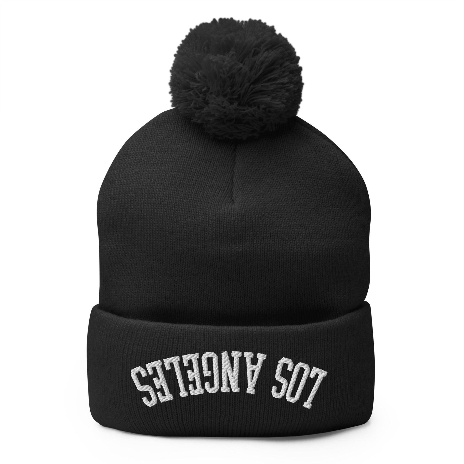 Upside Down Los Angeles LA Embroidered Knit Pom Beanie - Black