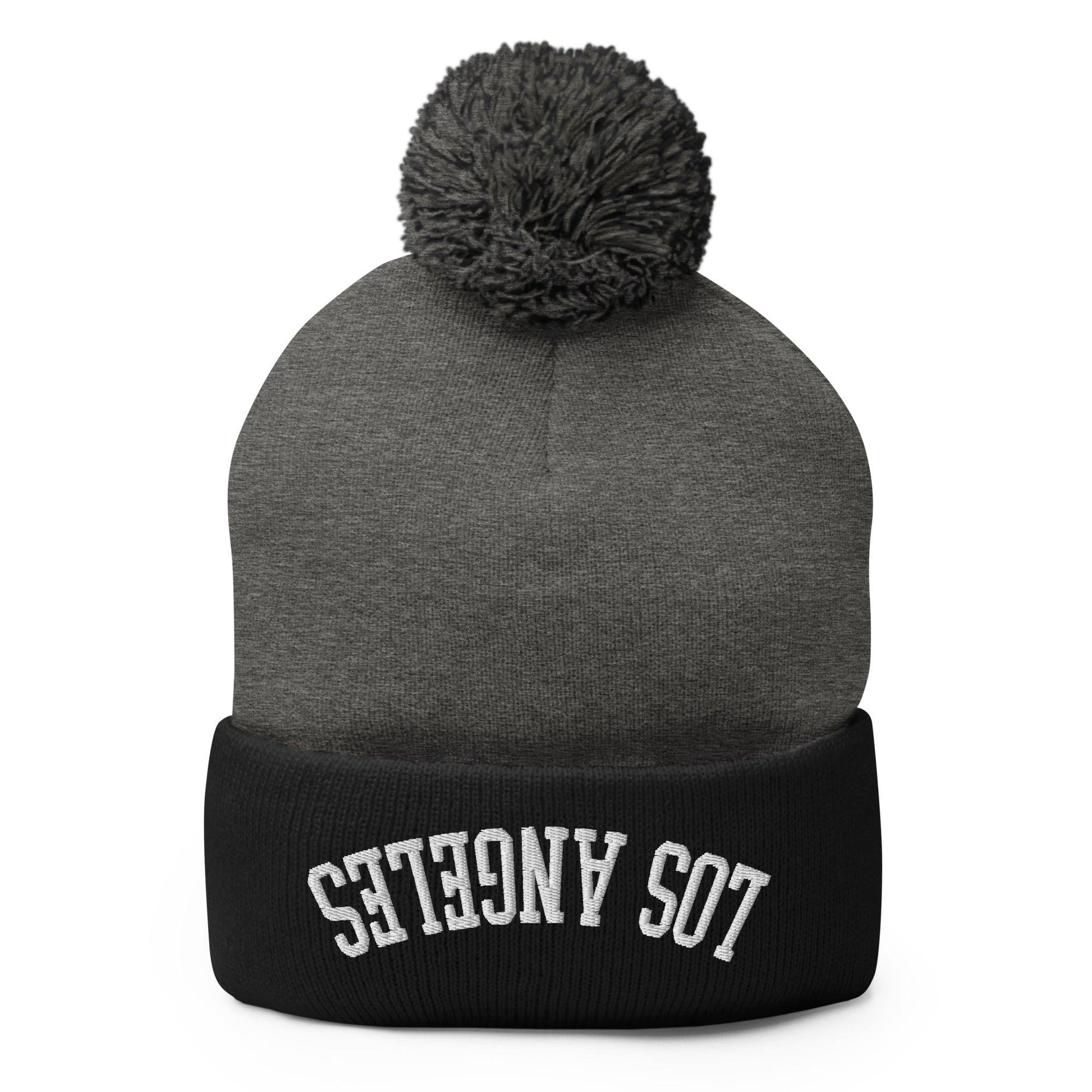 Upside Down Los Angeles LA Embroidered Knit Pom Beanie - Dark Heather Grey/ Black
