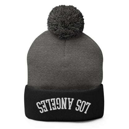 Upside Down Los Angeles LA Embroidered Knit Pom Beanie - Dark Heather Grey/ Black