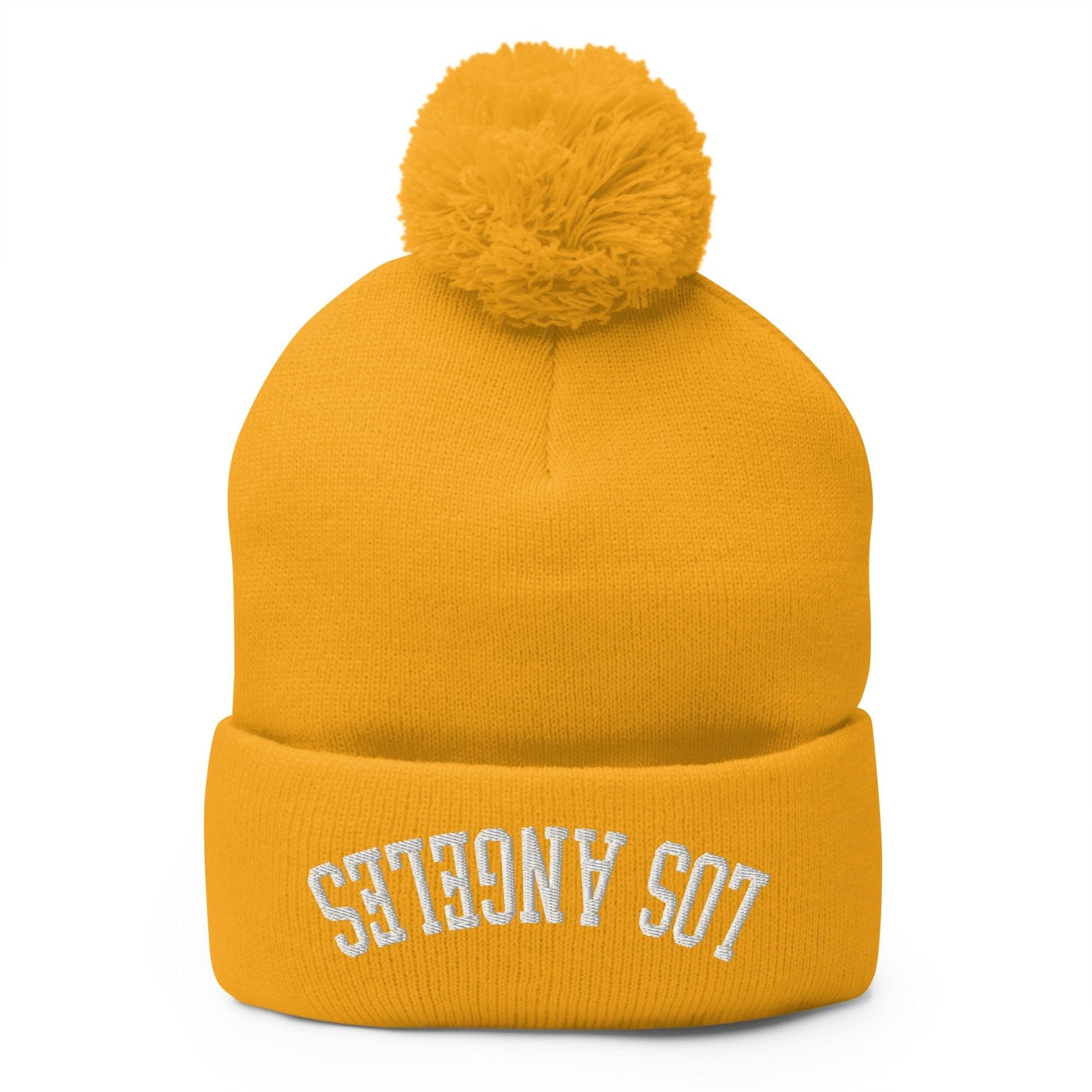 Upside Down Los Angeles LA Embroidered Knit Pom Beanie - Gold