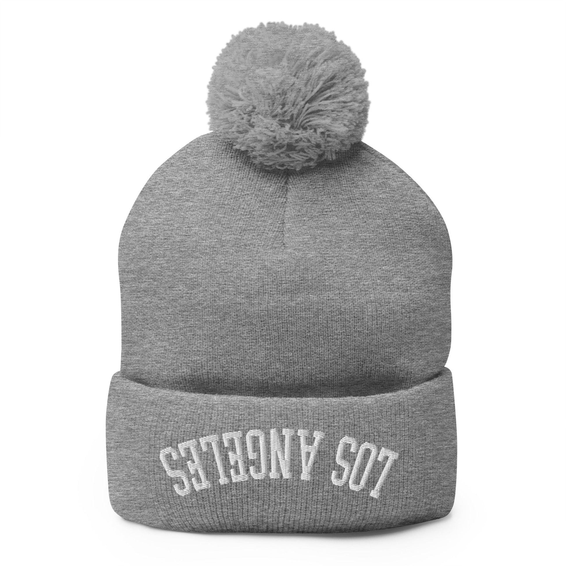 Upside Down Los Angeles LA Embroidered Knit Pom Beanie - Heather Grey
