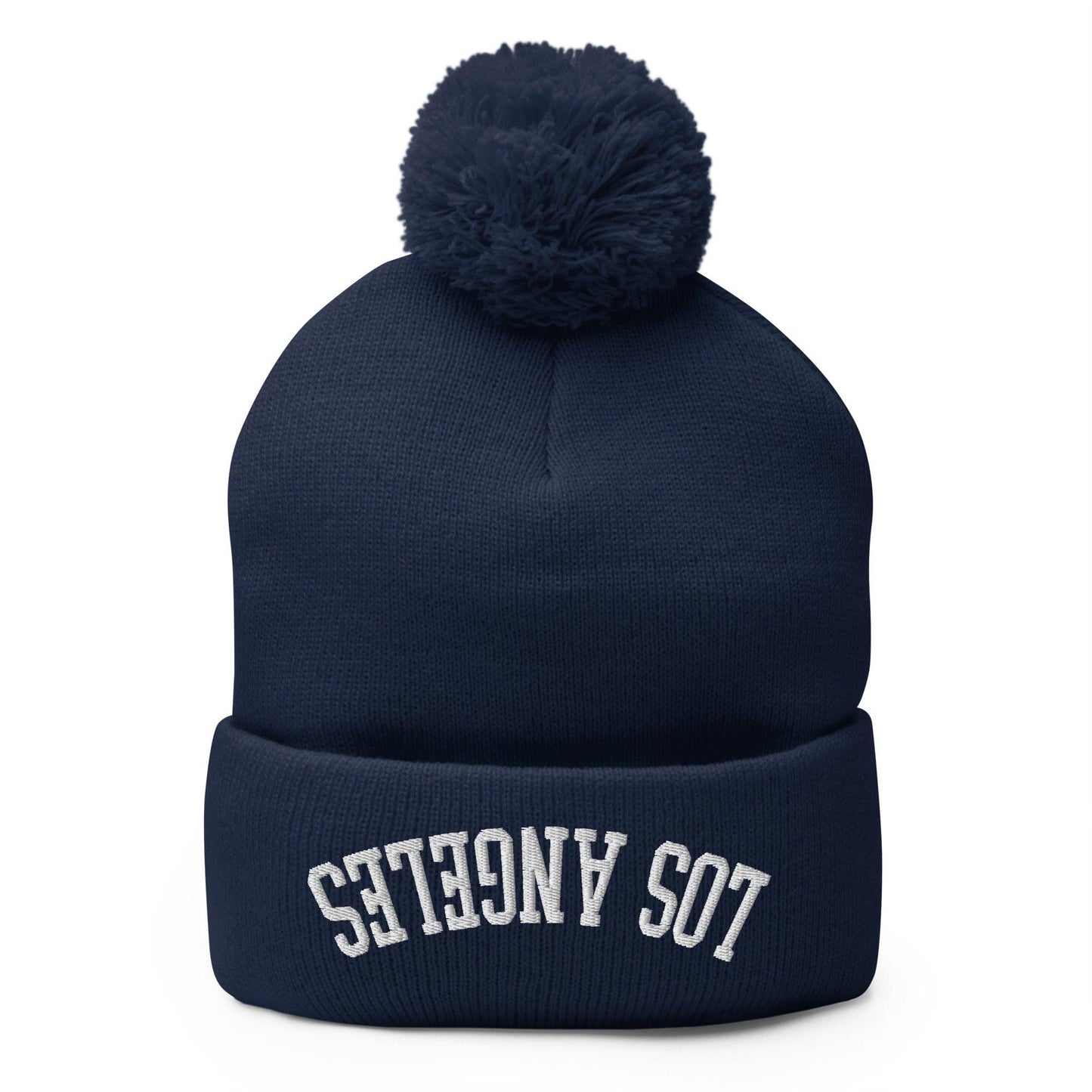 Upside Down Los Angeles LA Embroidered Knit Pom Beanie - Navy