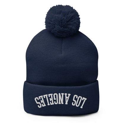 Upside Down Los Angeles LA Embroidered Knit Pom Beanie - Navy
