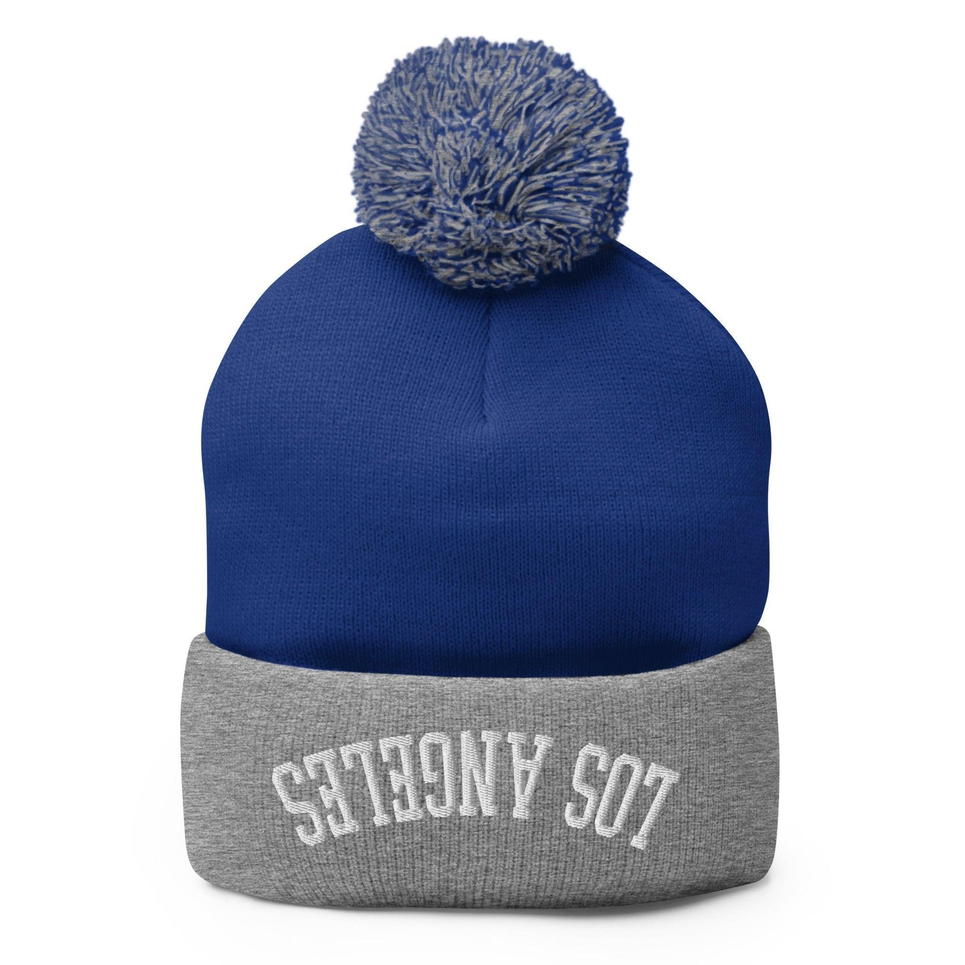 Upside Down Los Angeles LA Embroidered Knit Pom Beanie - Royal/ Heather Grey