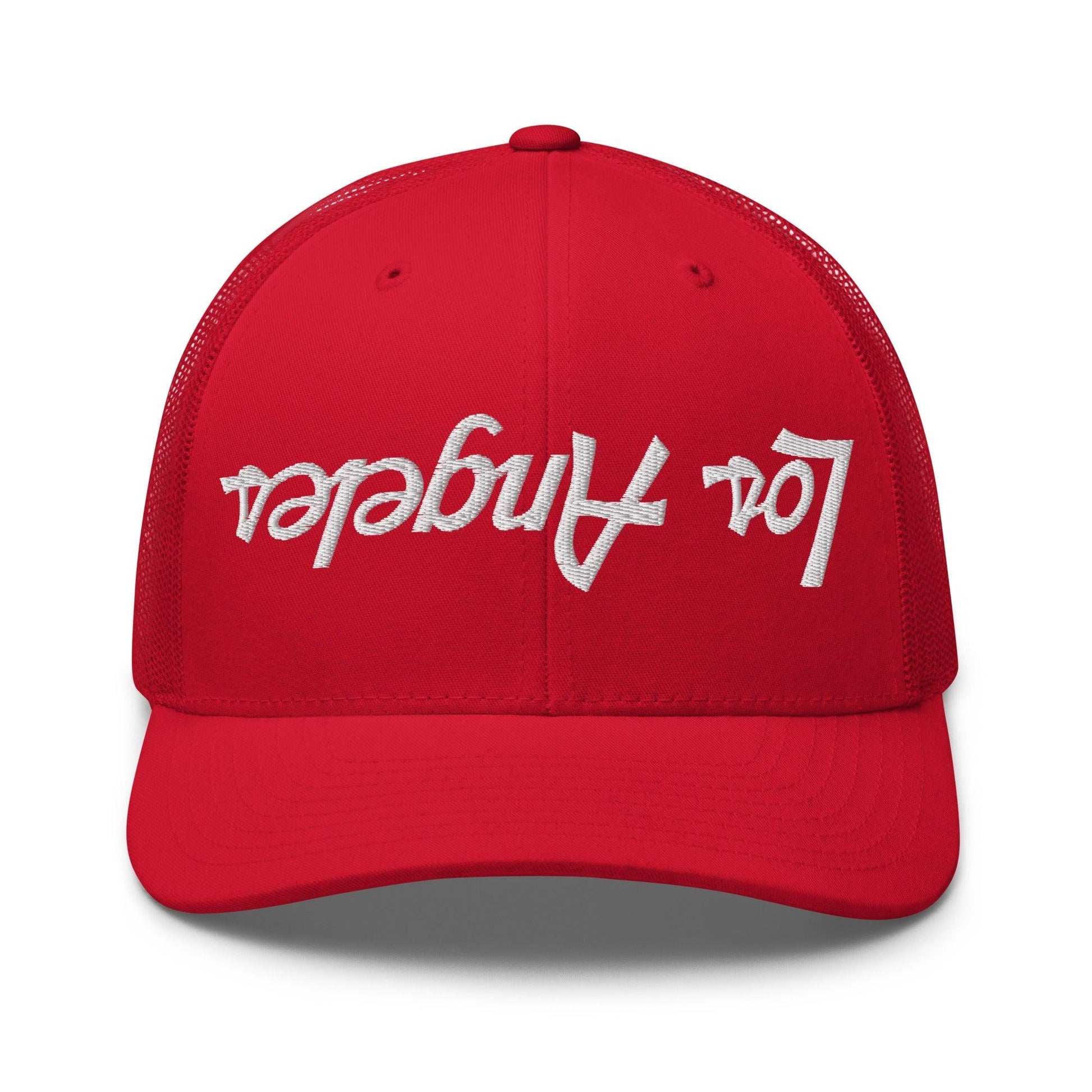 Upside Down Los Angeles LA Vintage Sports Script Embroidered Mesh Trucker Hat - Red